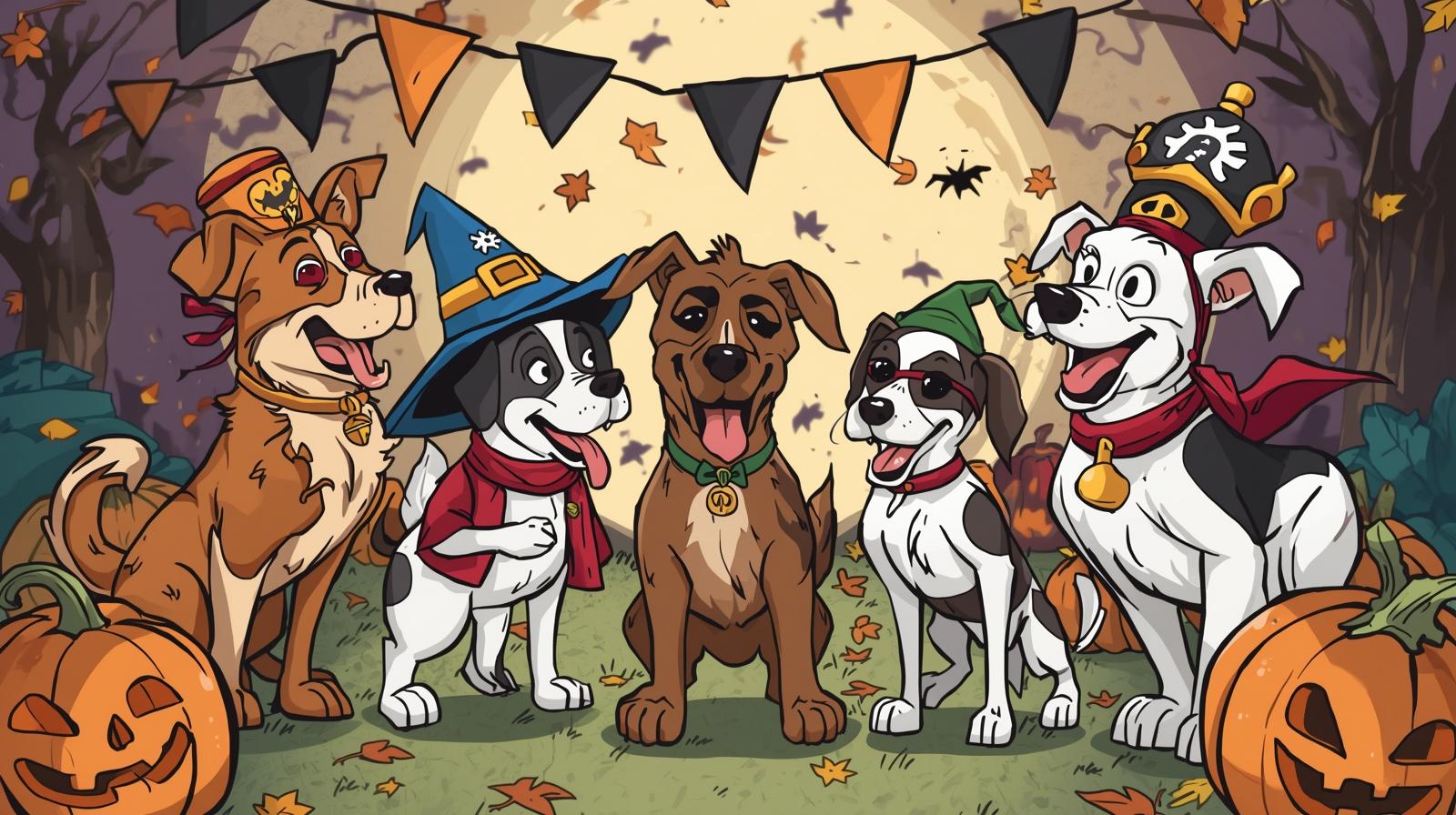 cartoon image of dogs dressed in halloween costumes